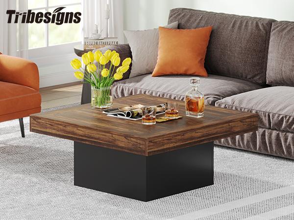 Tribesigns Square LED Coffee Table, Industrial Engineered Wood Coffee Table for Living Room