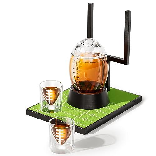 Football Whiskey Decanter Set for Men, 47oz Liquor Decanter Set with 2 Glasses + 2 Footballs Chillers, Gifts for Dad, Husband, Boyfriend, Coach, for Liquor, Bourbon, Scotch, Vodka