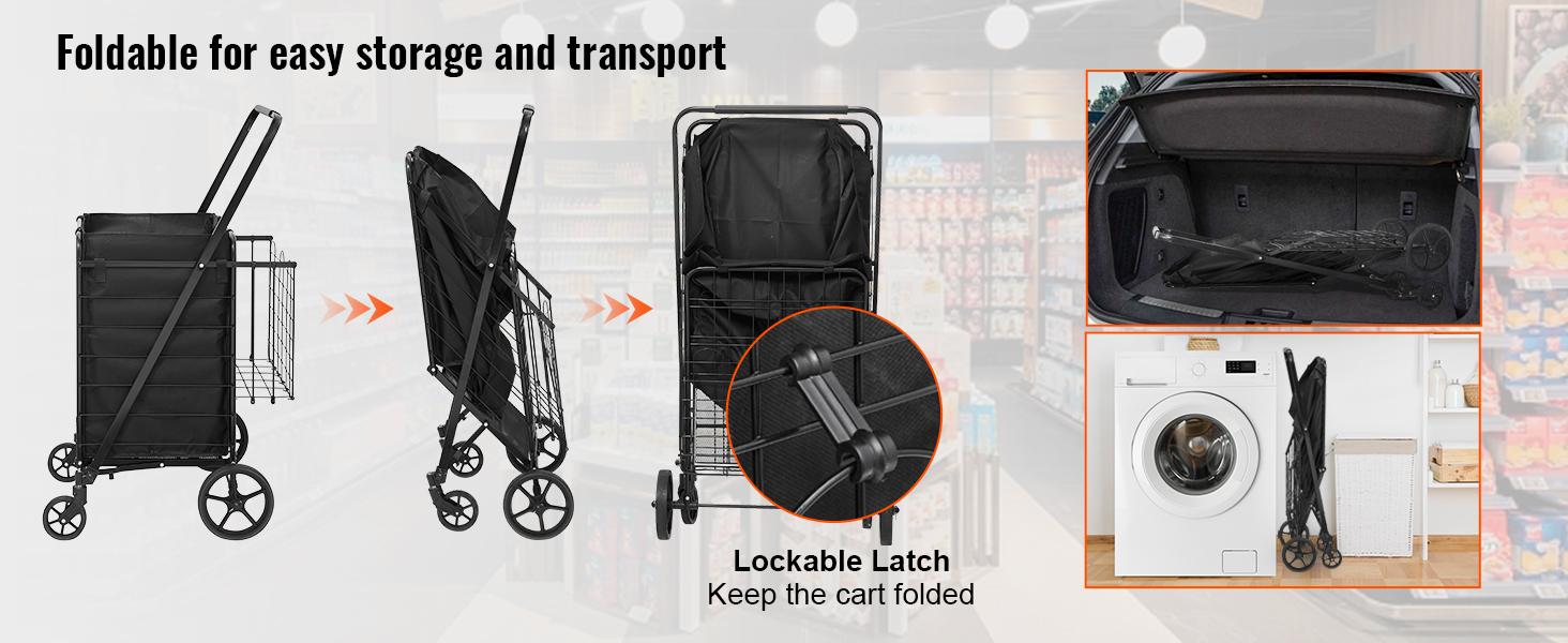 VEVOR Folding Shopping Cart with Removable Waterproof Liner, TikTokShopBlackFriday, Max 330LBS Large Capacity Jumbo Grocery Cart with Dual Basket, 360° Swivel Wheels, Dense Metal Mesh Base, Heavy Duty Utility Cart