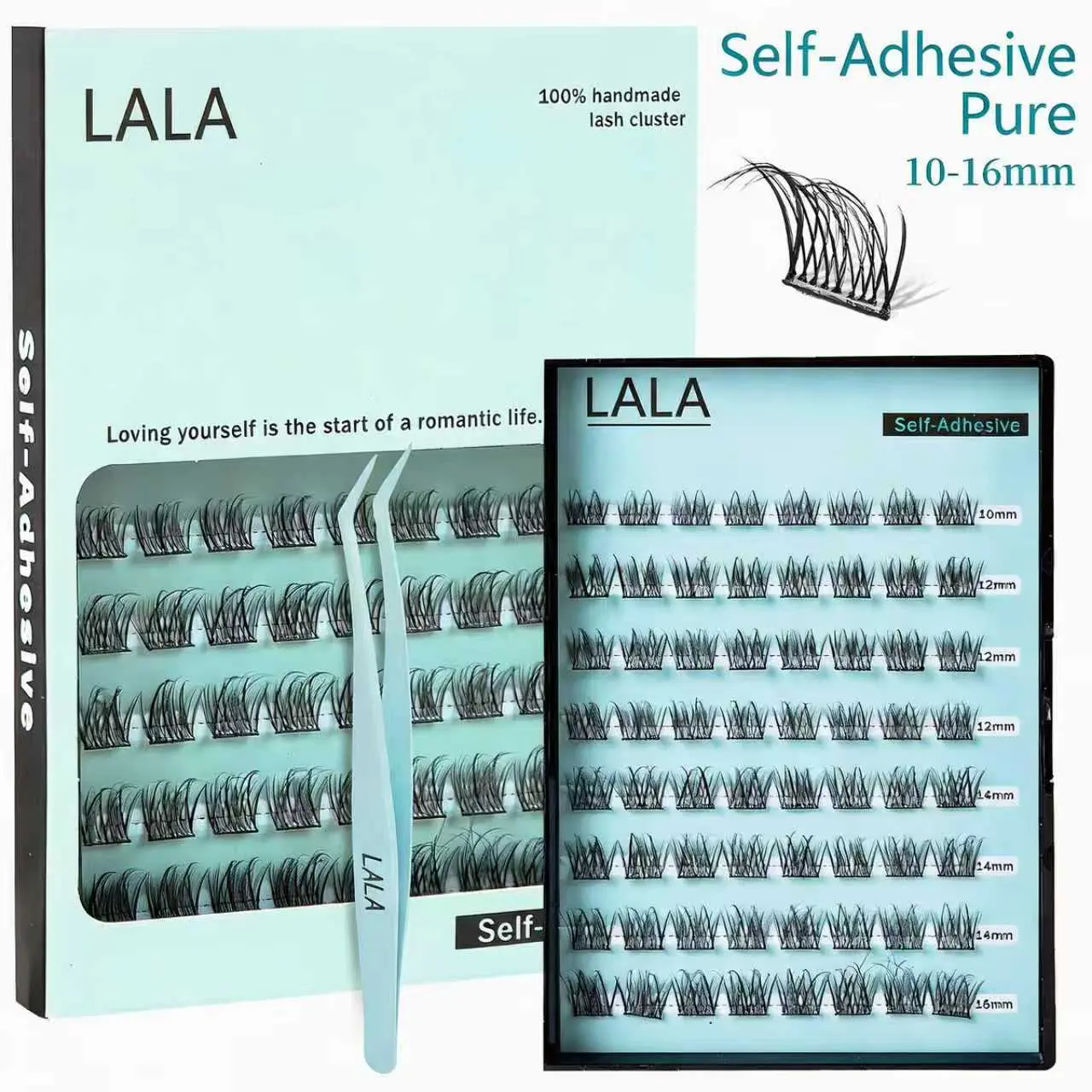 【Pure】LALA Synthetic Fiber C-Curl False Eyelashes, 10-16mm, Self-Adhesive Stick (No Glue Needed), Tweezer-Compatible, Curler-Compatible, Easy Application for Beginners, Reusable False Eyelashes & Adhesives Accessory
