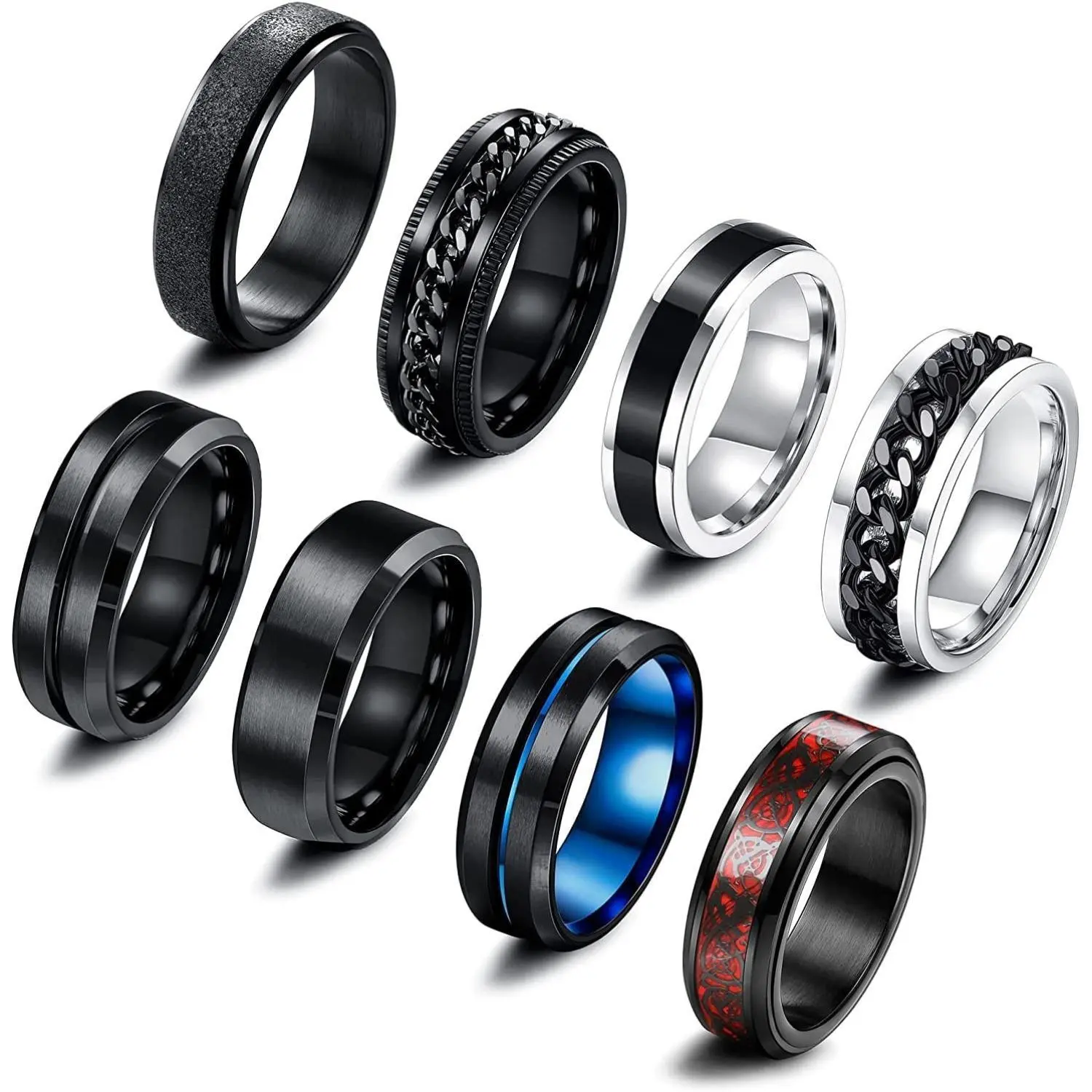 CASSIECA 8-Count Stainless Steel Twisted Chain Rotating Rings, Black Band Fidget Ring for Men, Men's Jewelry (Wedding Promise Option)
