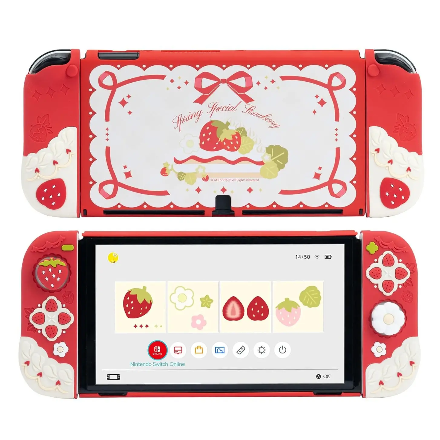 GeekShare Switch Slim Protective Case Accessories - Handheld Console Protector, Anti-Slip Separable Soft Silicone Shell with Hard PC Material Joystick Covers & 2 Thumb Grip Caps (Strawberries with Cream)