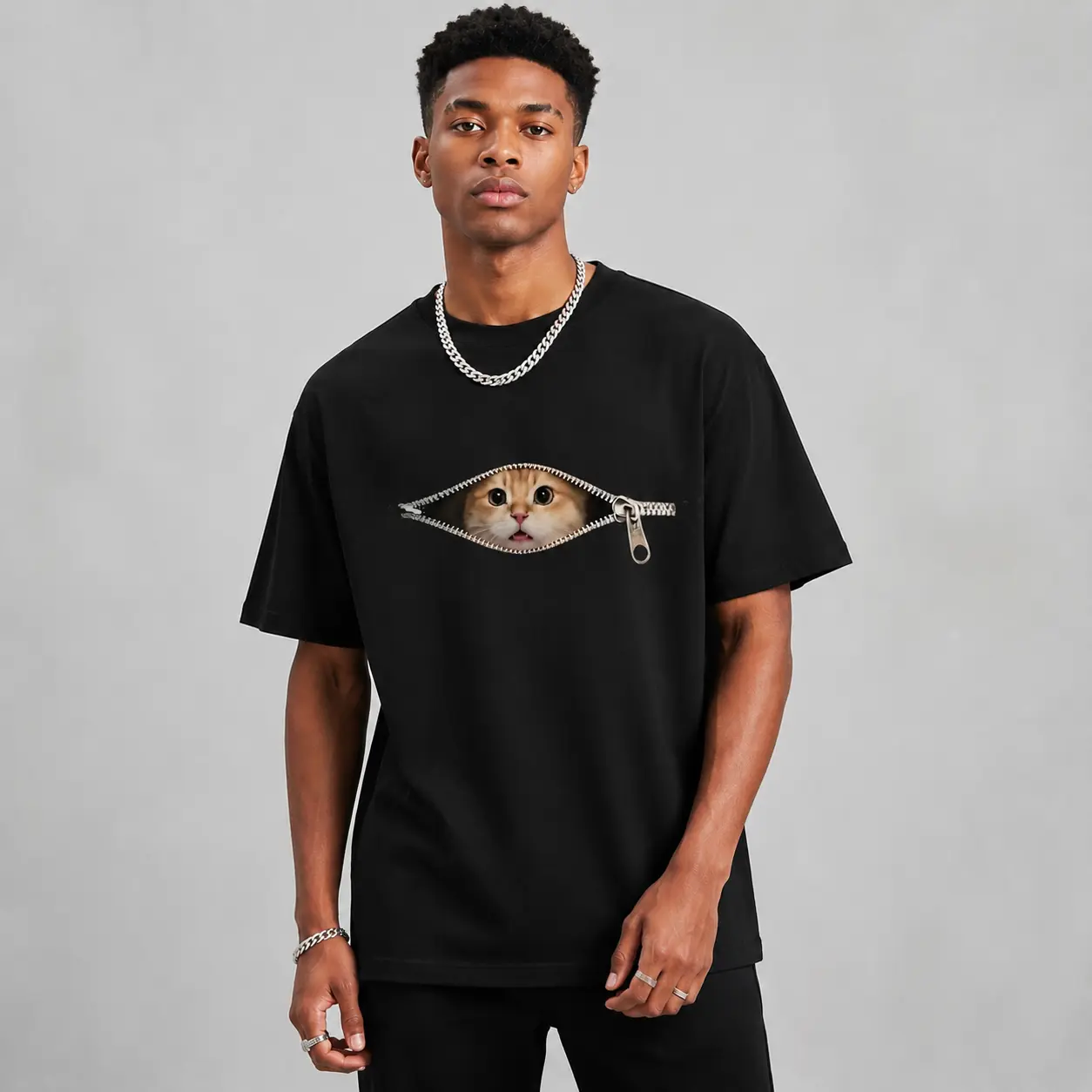 Cat Zipper Illusion Tee｜Funny Cute Kitten Peek Pocket Streetwear T-Shirt Black