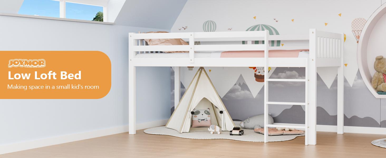 JOYMOR Twin Loft Bed Low Loft Bed Frame for Little Kids Small Room/Low Ceiling Bedrrom with Guardrail and Ladder, White