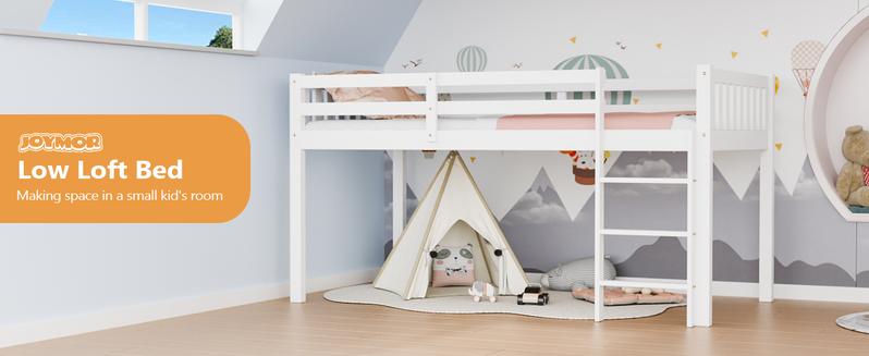 JOYMOR Twin Loft Bed Low Loft Bed Frame for Little Kids Small Room/Low Ceiling Bedrrom with Guardrail and Ladder, White