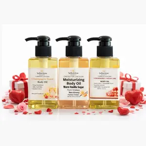 Yelloglwo Beauty Body Oil - The Love Trio 3 Scents • Valentine Bundle Deal Crafted for Luxe Glow Sunflower Apricot Jojoba Rosehip & Vitamin E - Non-Greasy Fast Absorbing Warm Vanilla Sugar , Strawberry sheesecare, champagne toast.