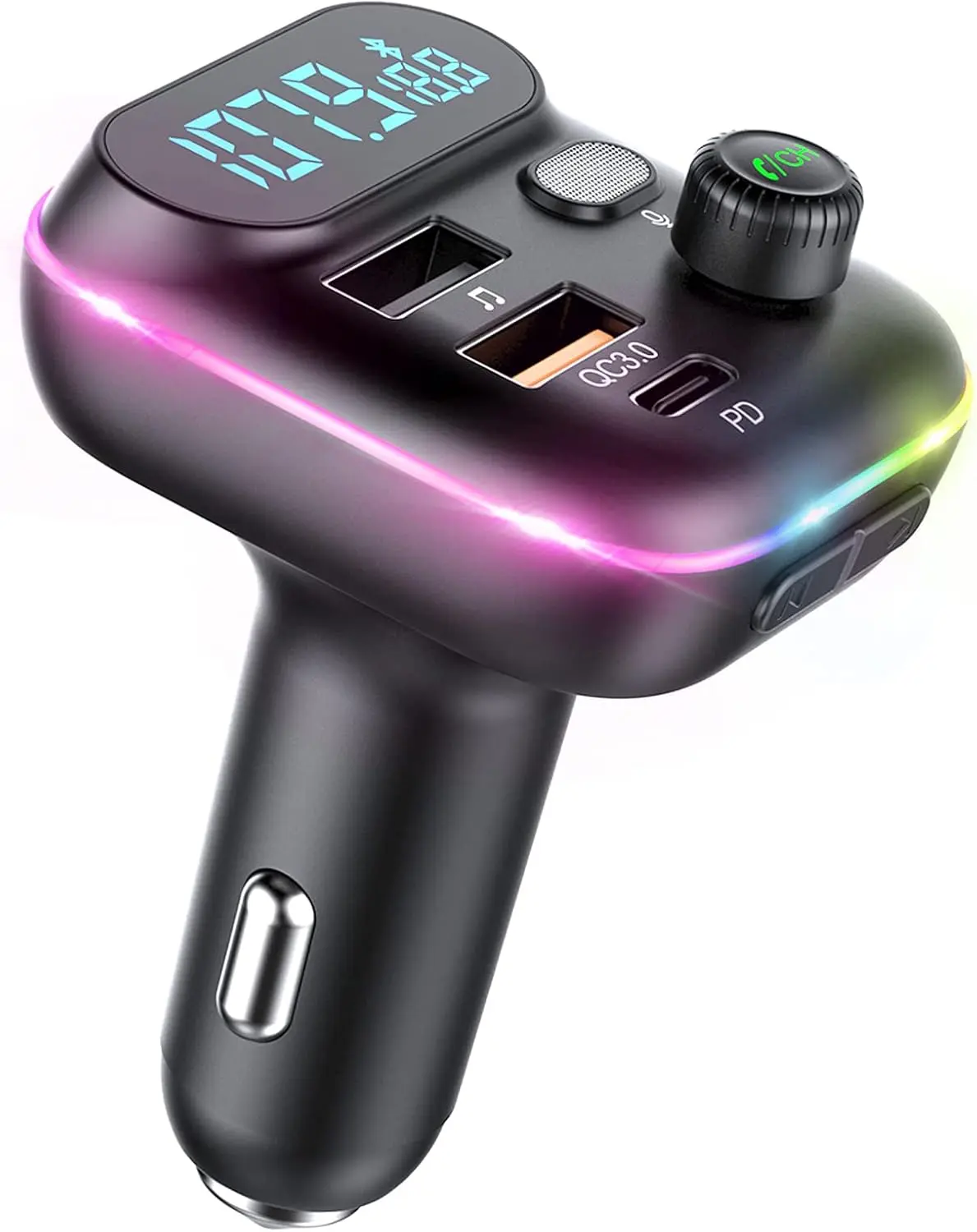 Upgraded VR Robot Wireless Bluetooth 5.0 Car FM Transmitter - 20W PD+QC3.0 Fast Smart Charger, dual usb Ports, Enhanced Hands-Free Microphone, 7-Color LED Backlit, Universal Compatibility with All Bluetooth Devices