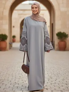 Apricot Embroidered Long Sleeve New Edition Abaya with Maroon Geometric Patterns Soft Breathable Fabric Flowy Silhouette for Daily Wear Special Events - Embroidery