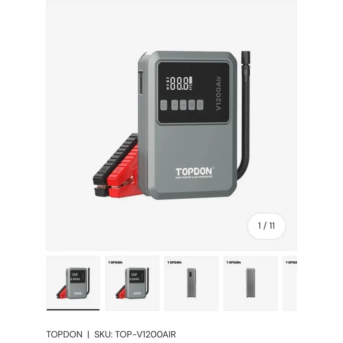 Topdon USA TPV1200AIR 12V Multifunctional Dual-Function Handheld Compact Portable 16000mAh Air Jump Starter & Air Compressor, Durable, Light Weight, High Efficiency for Cars