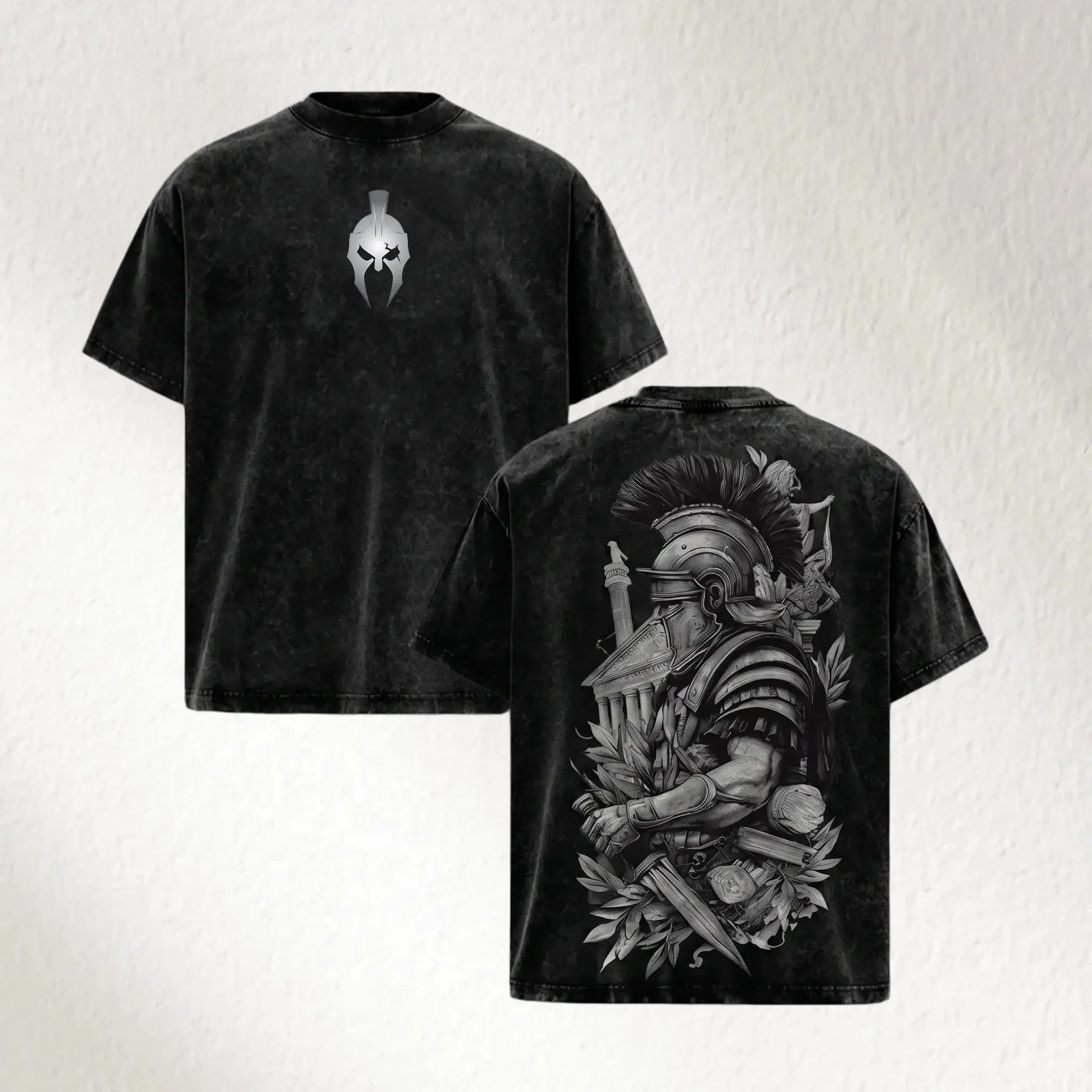 Spartan Warrior - Vintage Washed Graphic Tee Oversized Tshirt Men Streetwear Heavy Cotton Fall Outfits Clothes Men Retro Style Historical Graphic T-Shirt Roman Gladiator Armor Art Vintage Tees Trendy T-Shirts Gift for Men