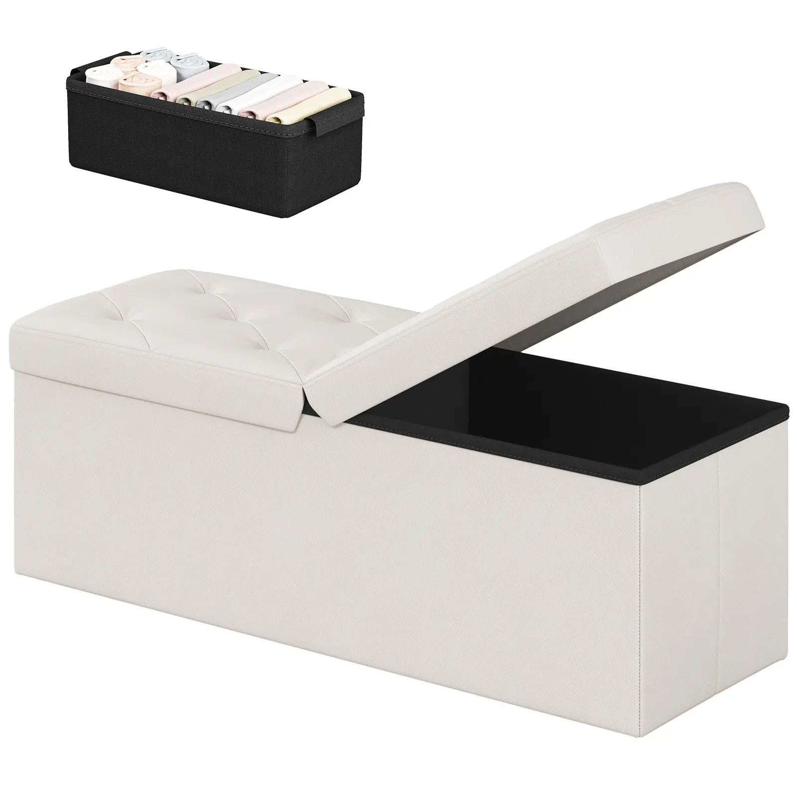 DUMOS Folding Storage Bench, Storage Ottoman Bench with Flipping Lid Large Ottoman with Storage, End of Bed Foot Rest Stool with Foam Padded Seat, Storage Chest for Bedroom, Living Room
