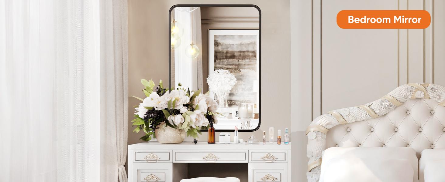 Rounded Rectangle Mirror Black Metal Framed Bathroom Vanity Mirror for Restroom Farmhouse Anti-Rust Tempered Glass Horizontally or Vertically Hanging Rounded Rectangle Mirror Black Metal Framed Bathroom Vanity Mirror for Restroom Farmhouse Anti-Rust Tempered Glass Horizontally or Vertically Hanging