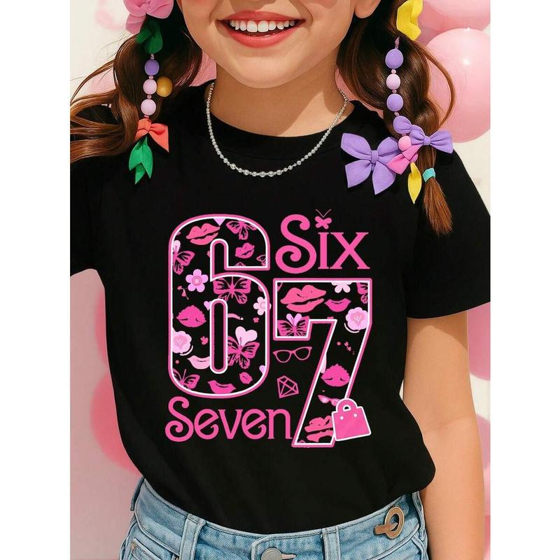 The 67 model sign language Christmas Y2K pink star number six and seven 100% cotton pattern T-shirt for girls, winter clothing for girls, girl Christmas set, funny six and seven couple shirt, 67 hooded shirt, 67 Christmas shirt, black round-neck letter-pr