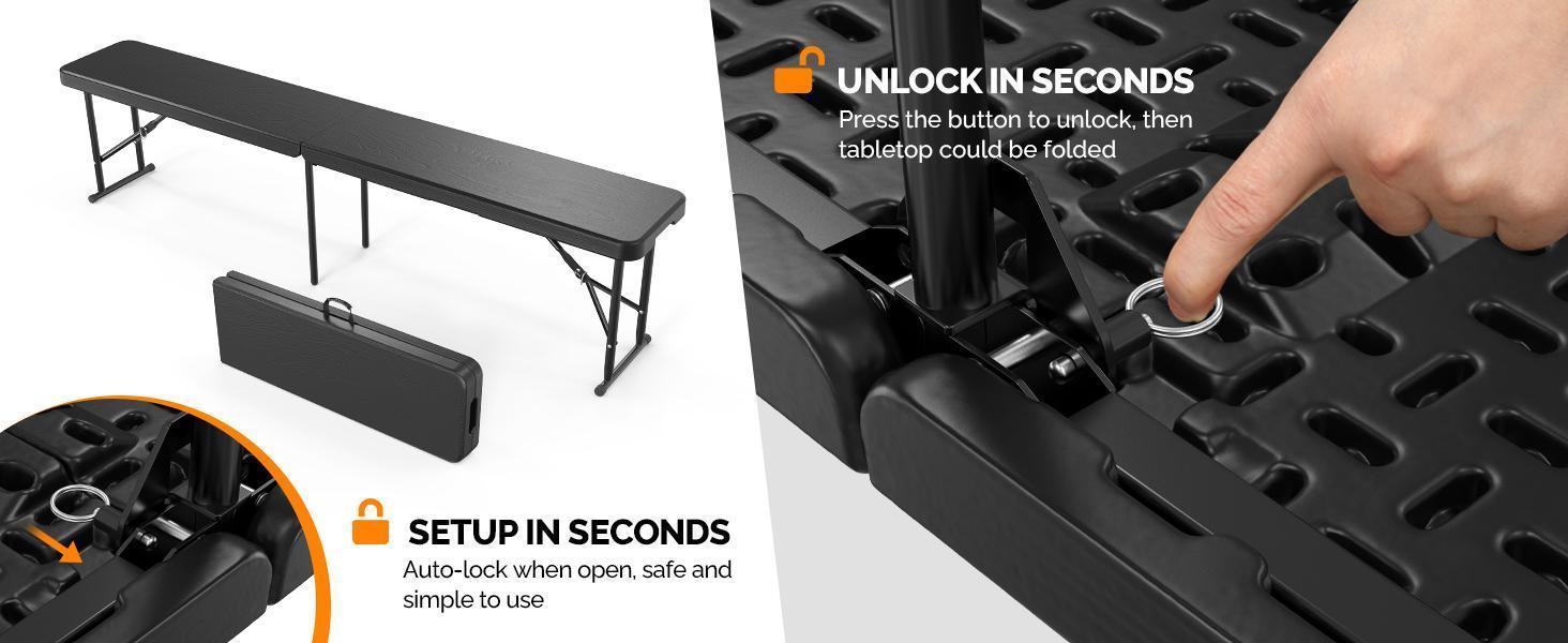 VINGLI 6 feet Plastic Folding Bench,Portable in/Outdoor Picnic Party Camping Dining Seat, Garden Soccer Multipurpose Entertaining Activities, Smooth HDPE Tabletop, 1/2 Pack, White/Black/Brown