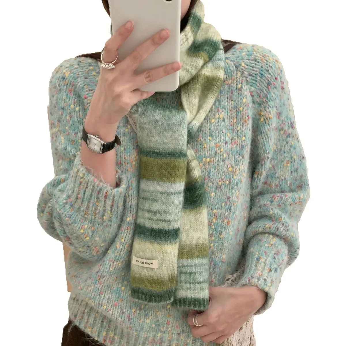 New Autumn Winter Rainbow Stripe Wool Blend Scarf Women's Niche Slender Knitted Contrasting Color Gradual Change Versatile Trendy Artistic Gradient Stripes Premium Wool Blend