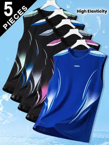 Men’s breathable fashion tank top pack (5-piece set), summer sleeveless T-shirt, stylish printed casual athletic pullover, high-stretch quick-dry fabric tops, suitable for sports, leisure, training, and fitness