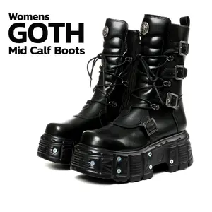 VIMISAOI Womens Goth Mid Calf Boots Platform Round Toe Chunky Block Heel Lace Up Side Zipper Buckles Combat Motorcycle Biker Boots Jennifers Body Boots Womens Boots Black