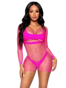 Women's Net Mini Dress, Swimsuit-Inspired, Long Sleeve, Festival-Ready, Premium Fabric, "Find Me In Paradise" Design