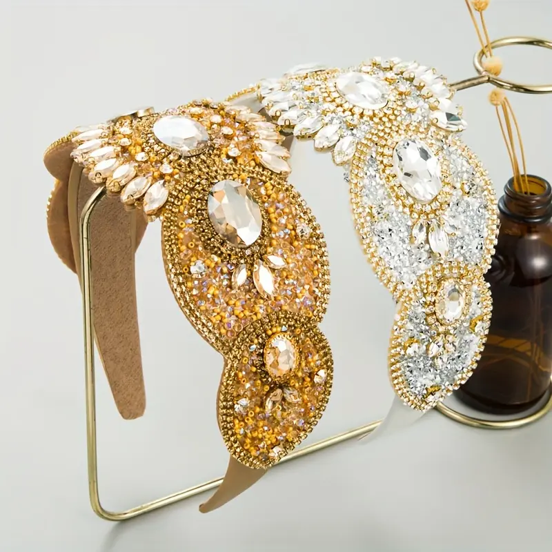 Vintage Baroque Print Headband for Women, Wide Padded Fabric Base with Rhinestone Flash Diamond Embellishments, Flash Diamonds, Headband Form, All Seasons, Fabric Headband, New Year Fest