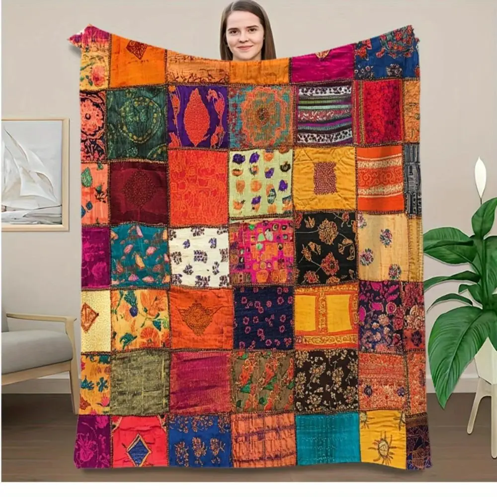 Bohemian Patchwork Print Soft Flannel Throw Blanket, Colorful Geometric Textile Pattern for Boho Bedrooms and Eclectic Lounges, Sofa Accent for Couch Naps & Birthday Christmas Gift for Bohemian Style Lovers and Eclectic Decor Fans