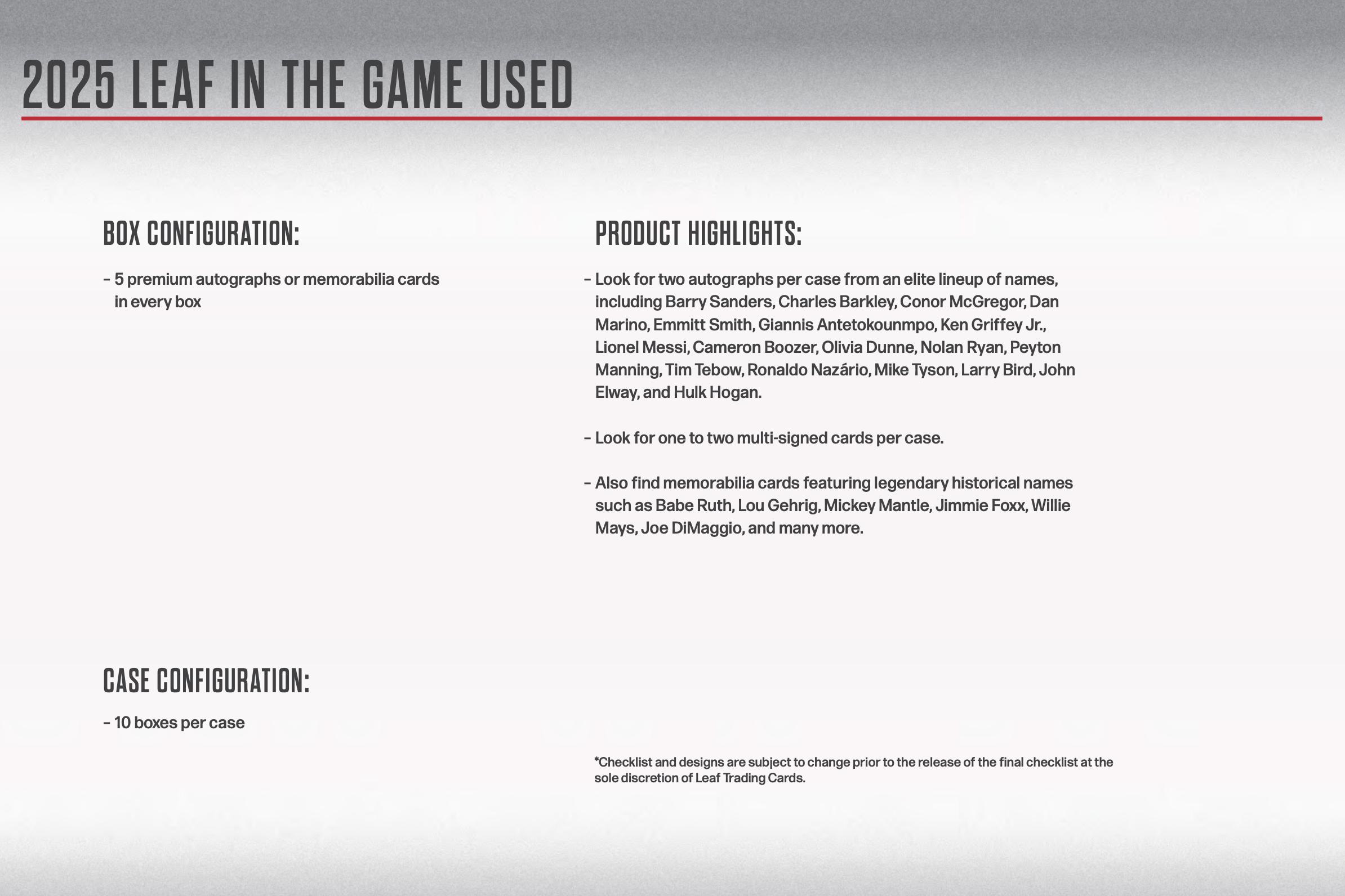 2025 Leaf In the Game Hobby Box - 5 premium autographs or memorabilia cards per box