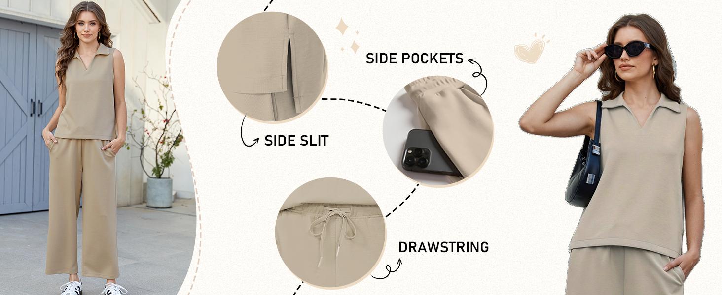 PINSPARK Two Piece Sets for Women Sleeveless Outfits Travel Tracksuit V Neck Top Wide Leg Pant Lounge Sets 2025 Summer sweatsuits  women  Springtok
