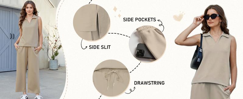 PINSPARK Two Piece Sets for Women Sleeveless Outfits Travel Tracksuit V Neck Top Wide Leg Pant Lounge Sets 2025 Summer sweatsuits  women  Springtok