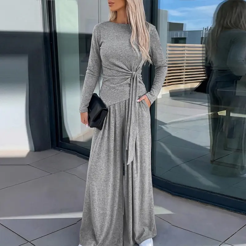 CHICME Women's 2 Piece Knit Lounge Set Long Sleeve Tie Waist Top and High Waisted Wide Leg Pants Casual Soft Sweatsuit with Pockets