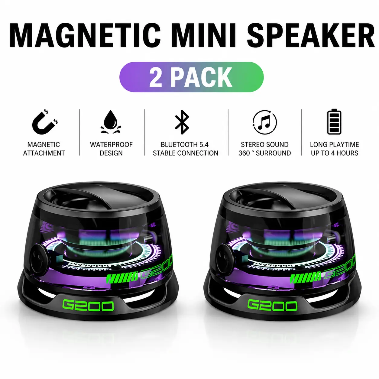 G200 Magnetic Mini Cordless Wireless Speaker - 5W Transparent Colorful RGB Light Bluetooth 5.3 Speaker with Game Mode, 7H Playtime, Portable Phone Stand, Strong Connection, Rich Audio, Compact Sound System, Batteries Included (Black) for iPhone, Travel