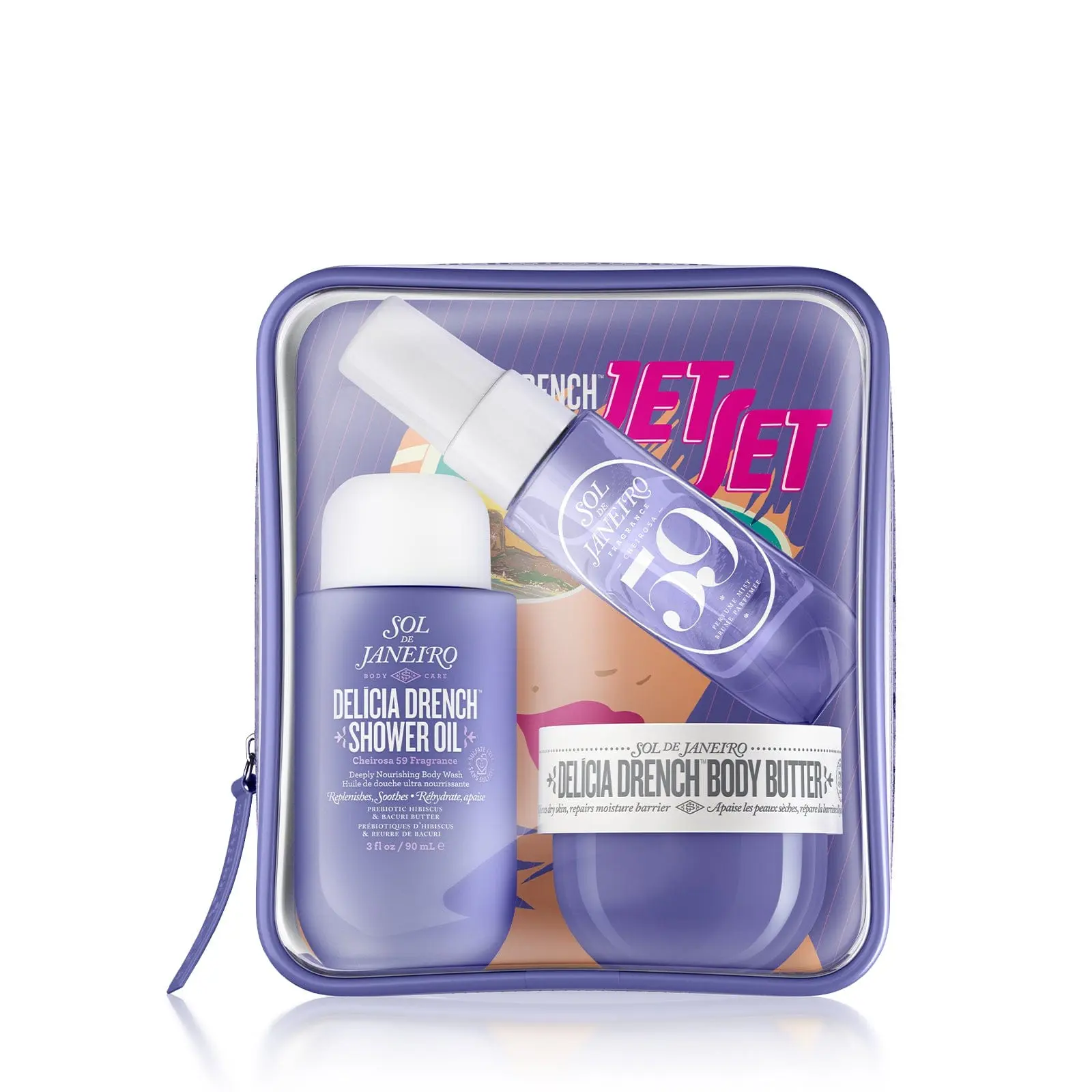 Sol de Janeiro Delícia Drench Jet Set | Travel-Ready Moisturizing Body Routine with Delícia Drench Shower Oil, Delícia Drench Body Butter, and Cheirosa 59 Perfume Mist. Scented With Sheer Sandalwood and Vanilla Orchid.