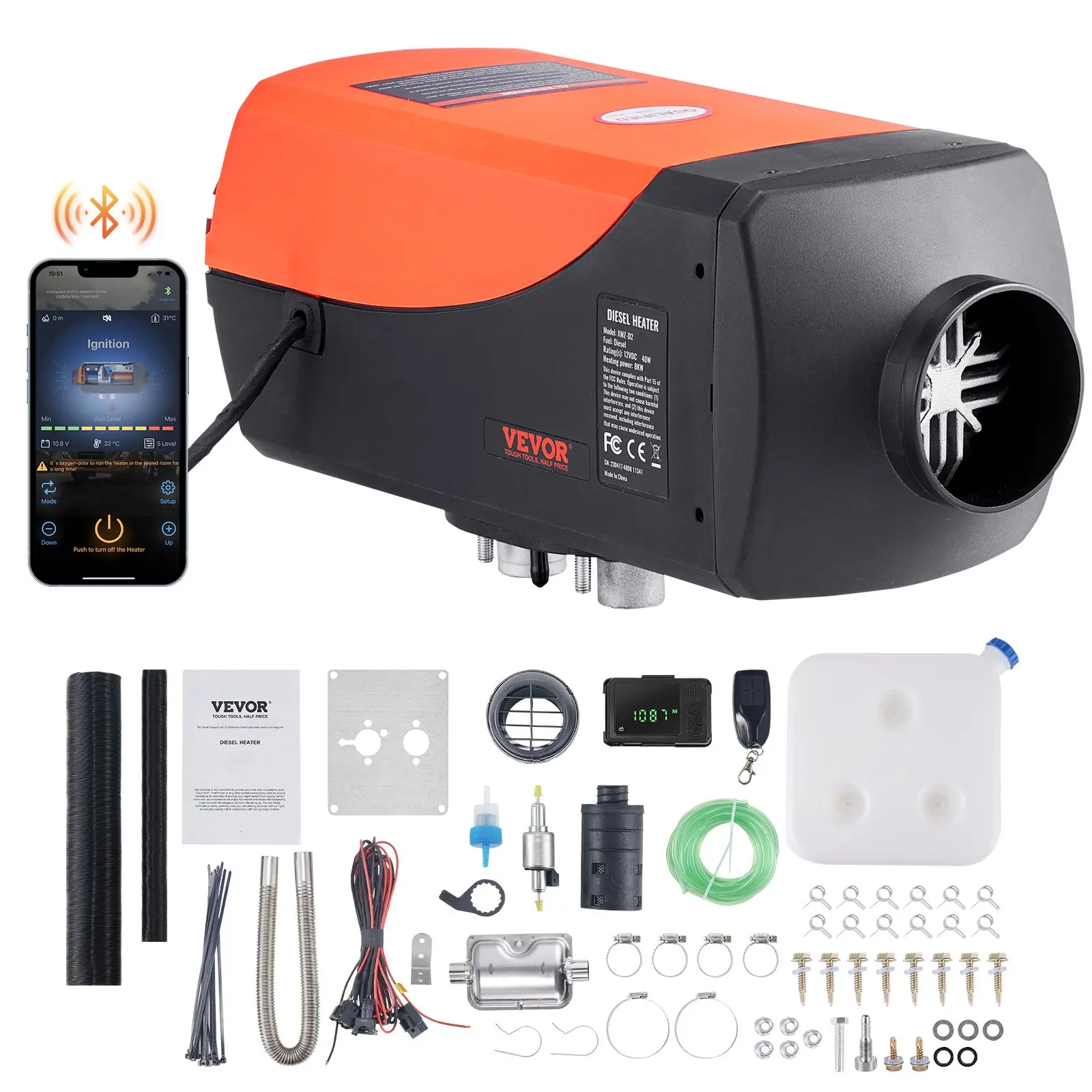 【Summerfinds】VEVOR Diesel Air Heater 12V 8KW Separated Portable Parking Heater with Bluetooth App and LCDAutomatic Altitude Adjustment Max 18045 ftFast Heating Low NoiseDiesel Heater for Truck RV Trailer Camper Van Boat and Indoors