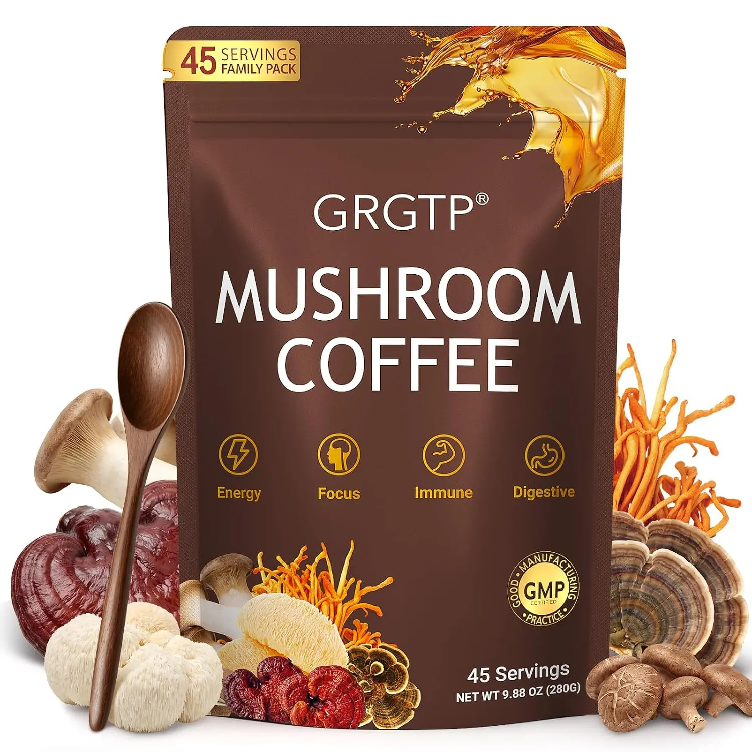 Mushroom Coffee - Superfood Blend with 6 Adaptogens | (Cordyceps, Lion's Mane, Reishi Other) | Jitter-Free Energy, Enhanced Focus, Digestion & Immunity Support Smooth Flavor