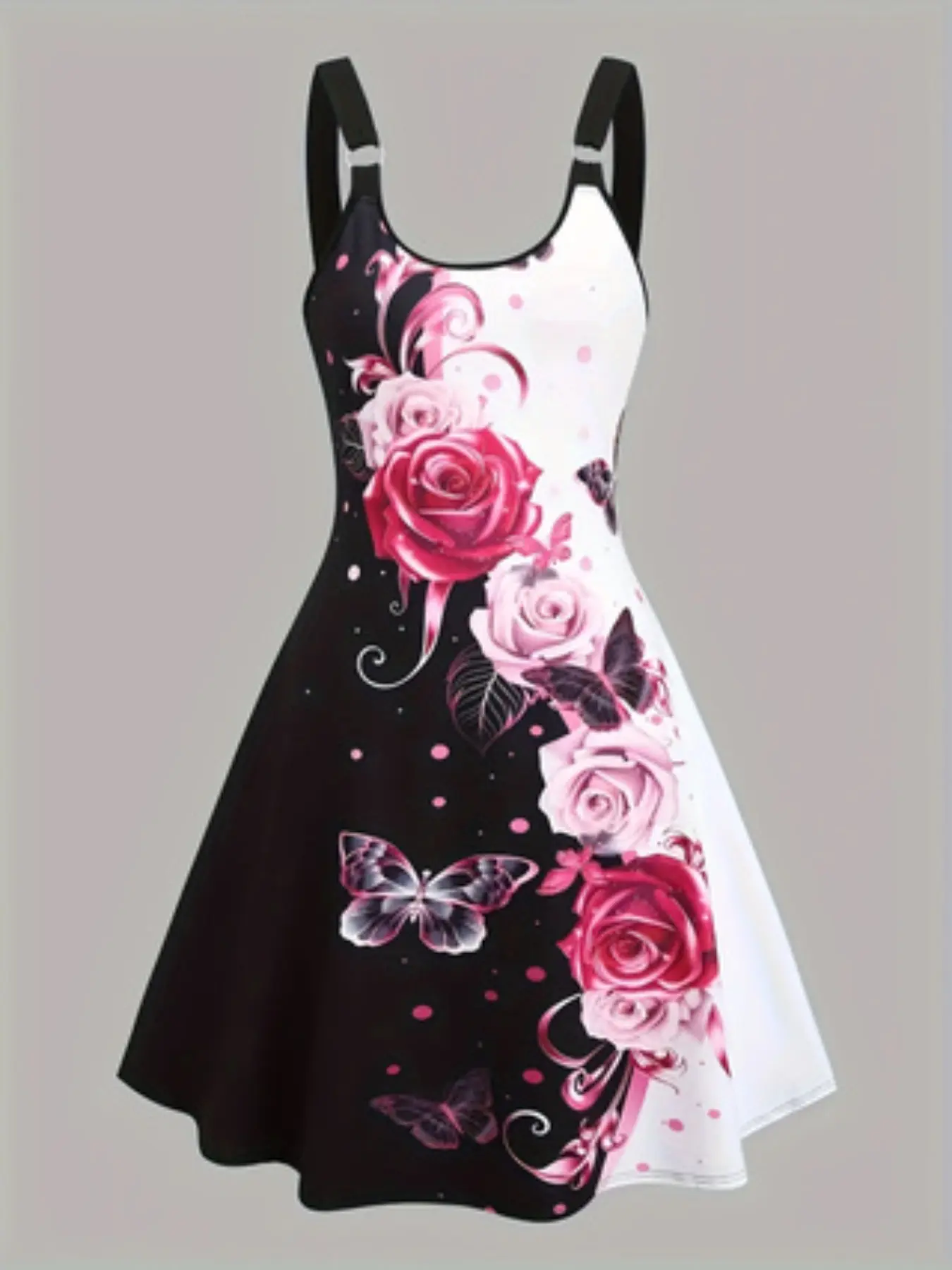 Elegant Butterfly Floral Print Halter Party Dress with Ring Detail, Round Neck Design, Stylish Chic Women's Fashion, Perfect for Special Occasions, Chic Formal Dresses, Dress Up Gown, Womenswear
