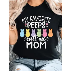 My Favorite Peeps Call Me Mom Colorful Rabbit Pattern Short Sleeve Casual Round Neck Top Womens Spring and Summer Apparel Perfect Gift for Mom