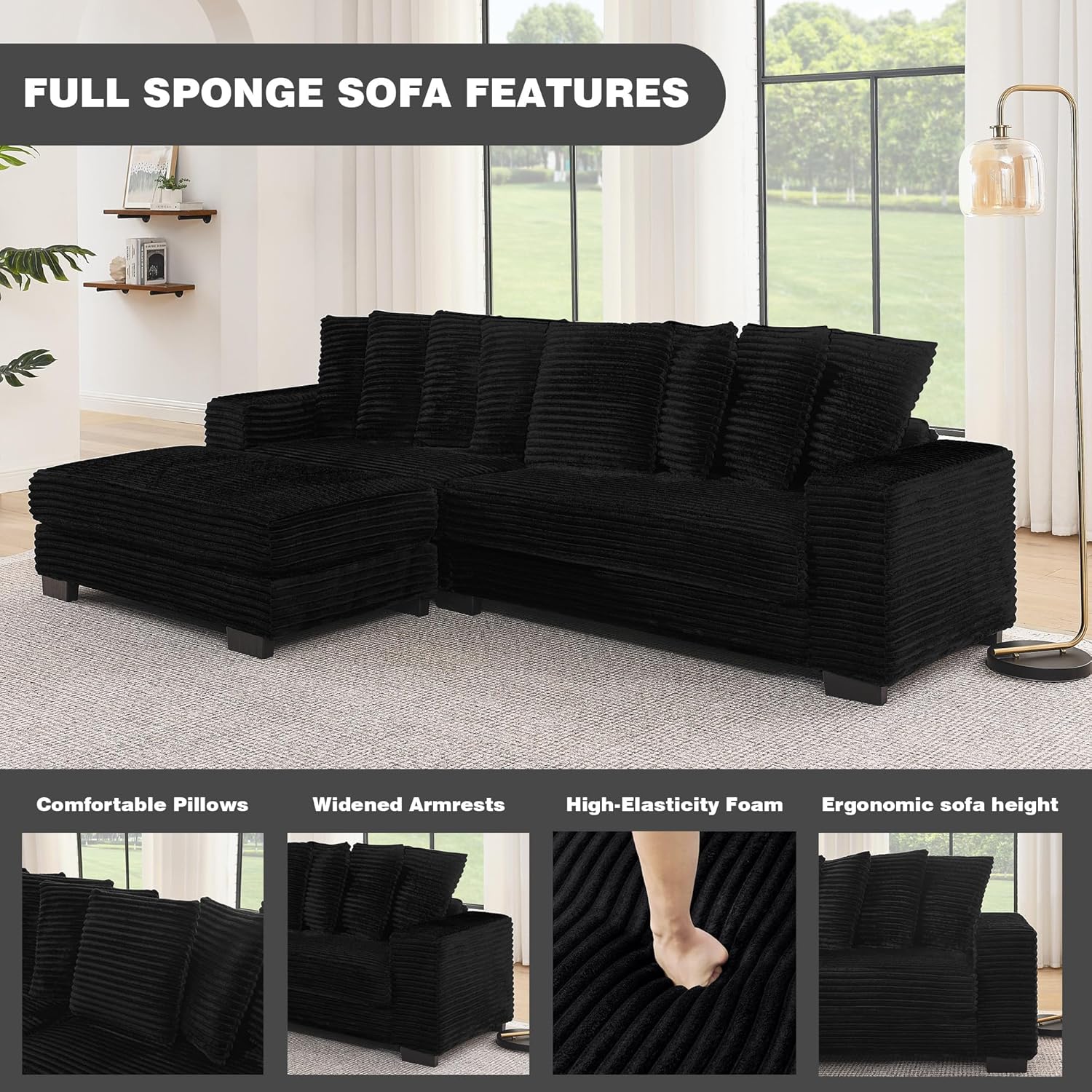 [New Year Special Discount]  Niccae 110" Corduroy Tufted L-Shaped Sleeper Sectional Sofa with LED Base, Adjustable Footrests & 8 Pillows for Small Apartments, Living Rooms & Bedrooms