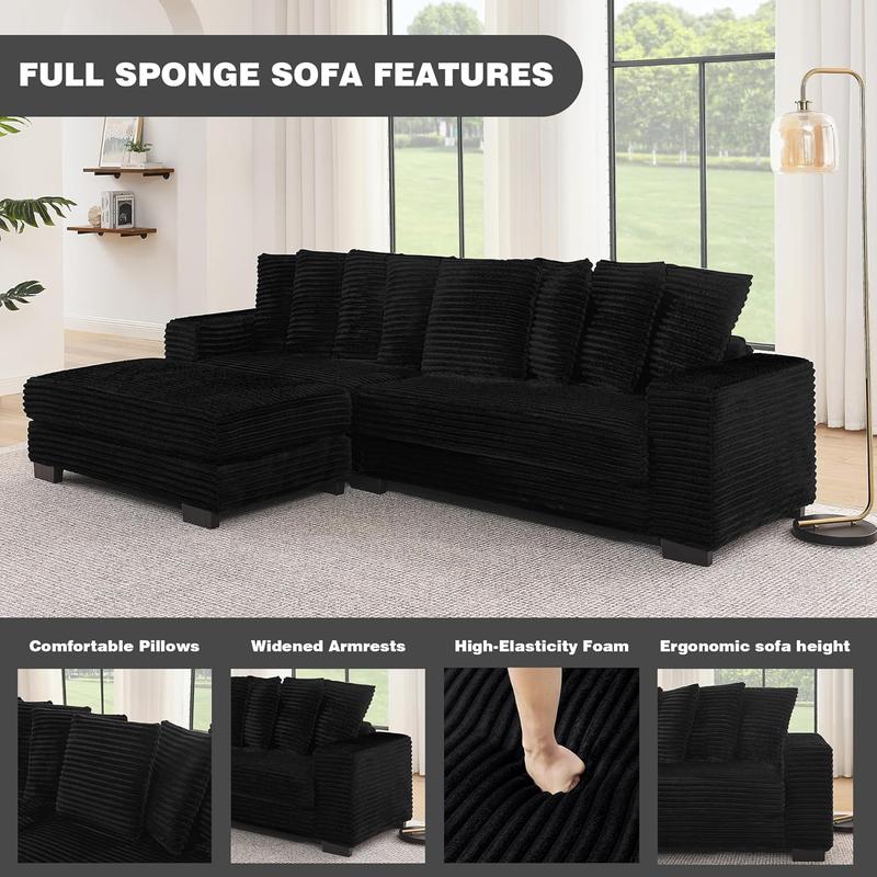 [New Year Special Discount]  Niccae 110" Corduroy Tufted L-Shaped Sleeper Sectional Sofa with LED Base, Adjustable Footrests & 8 Pillows for Small Apartments, Living Rooms & Bedrooms