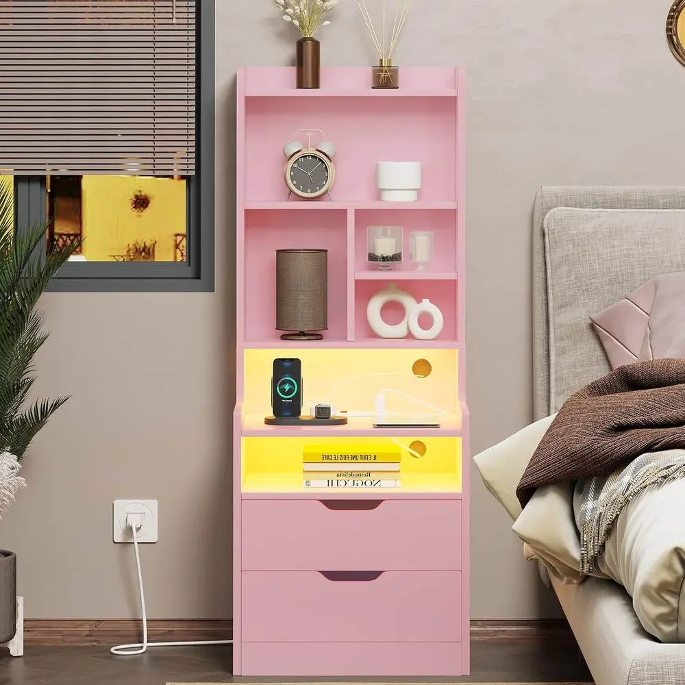 Sikaic Tall Night Stand with Charging Station and LED Lights, Nightstand with Bookshelf, Bedside Table with Drawers & Power Outlets, End Side Table for Bedrooms, Home Furniture, Dorm Essentials [tiktokshopbacktoschool]