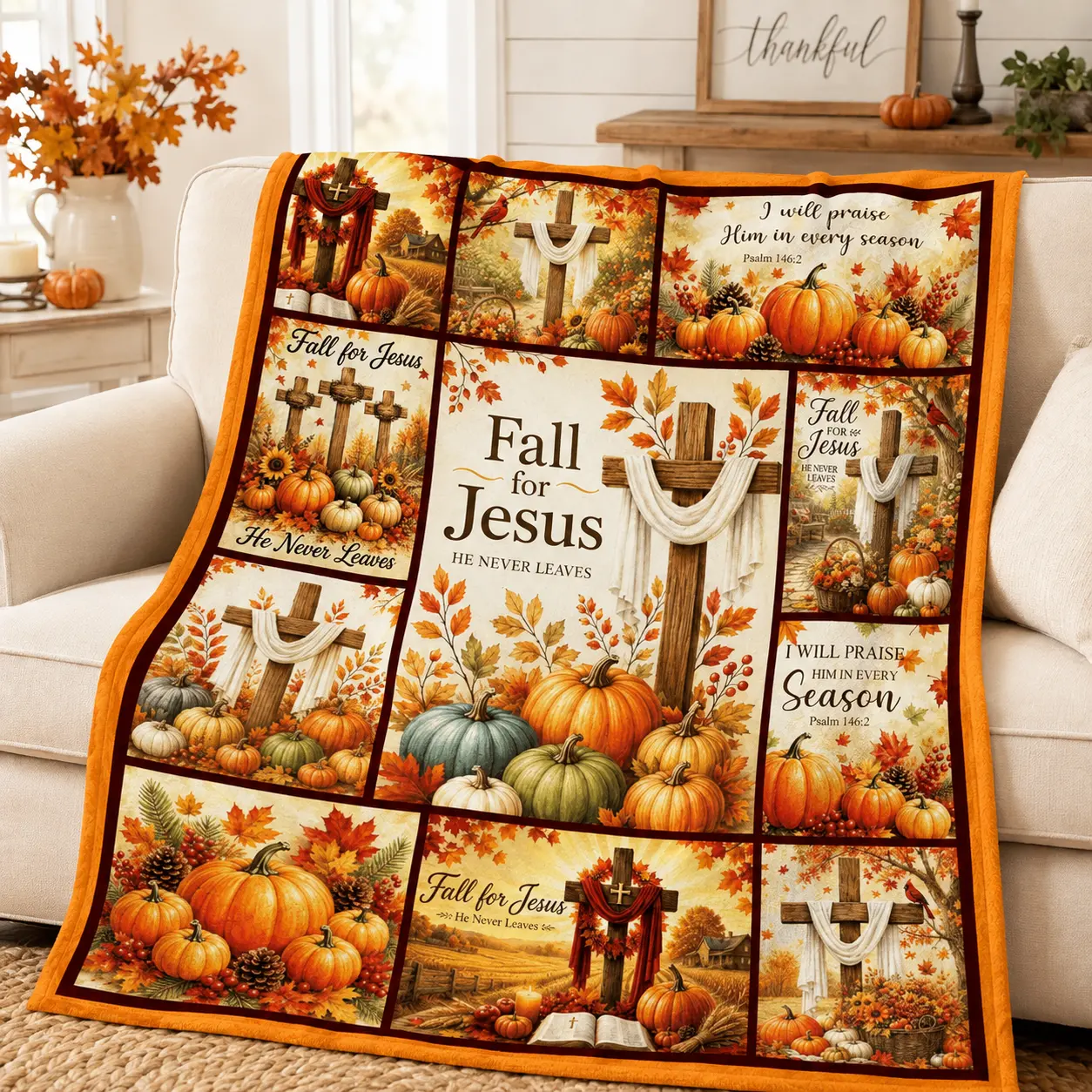 Fall For Jesus Christian Pumpkin Cross Patchwork Soft Cozy Flannel Blanket, Autumn Bible Verse Religious Warm Fuzzy Plush Throw, Perfect Faith Thanksgiving Gift for Believers Bedroom Sofa Home Decor