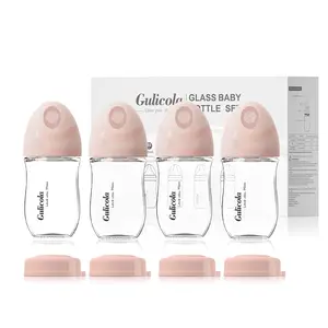 Gulicola Natural Glass Baby Bottle 5oz/8oz for Breastfed Babies, Anti-Colic Wide Neck Baby Bottle Set , 0 Months +, White&Pink