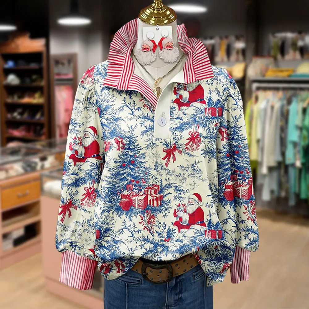 New Model Vintage Christmas Santa Print Long Sleeve Top Casual Blouses Womenswear Collared Soft Fall Outfits Women Cute Tops Elegant Classy Office Fabric Piece Shirts, Basic, Coord Set, Versatile, Comfort