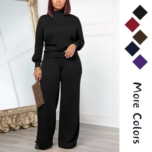 Women Two Piece Casual Set Long Sleeved Semi High Neck Loose Top Wide Leg Pants Set Spring and Autumn New Lightweight Set（gift）