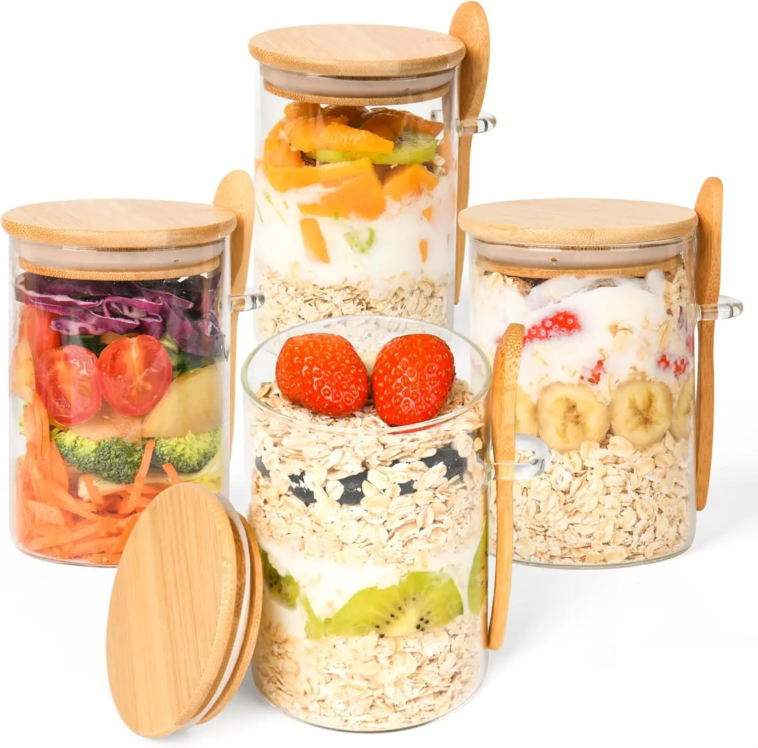 Overnight Oats Containers with Lids,4 Pack 16oz Overnight Oats Jars with Spoons,Salad Meal Prep Jar with Bamboo Lids for Chia Seed Pudding Salad Cereal Coffee Flour,Sourdough Starter Jar for Bread