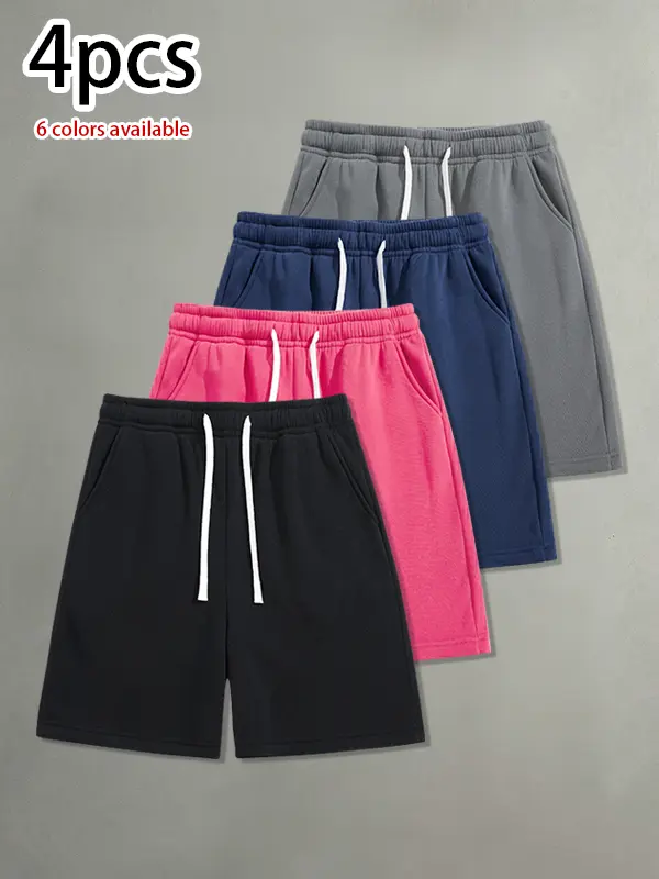 Pack of 4 men’s summer casual shorts featuring a drawstring elastic waistband, skin-friendly and breathable fabric, and a loose fit for everyday wear, leisure activities, sports, and fitness.summervibes