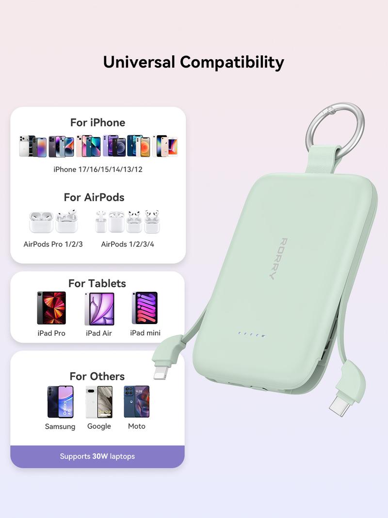 RORRY 10000mAh Portable Charger 30W Fast Charging Power Bank with Built-in Type-C & Lighting Cables Travel Keychain Battery Pack for iPhone 17-12 AirPods Android iPad Switch Lightweight Compact Multi Device Charging   valentinesdaygiftideas