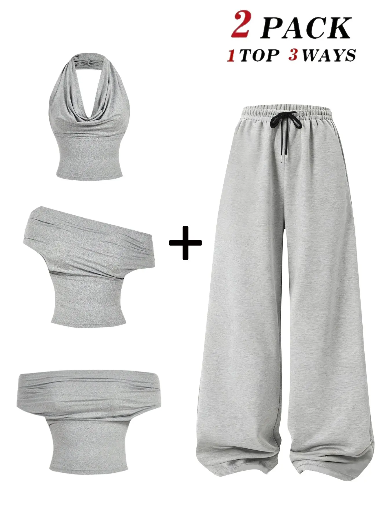 Trendy Summer Womenswear 2-Piece Set, Fit, Three-Wear Top Options, Wrap Top, Halter Neck, Shoulderless, Vacation Wear, Adjustable Drawstring Straight Leg Pants