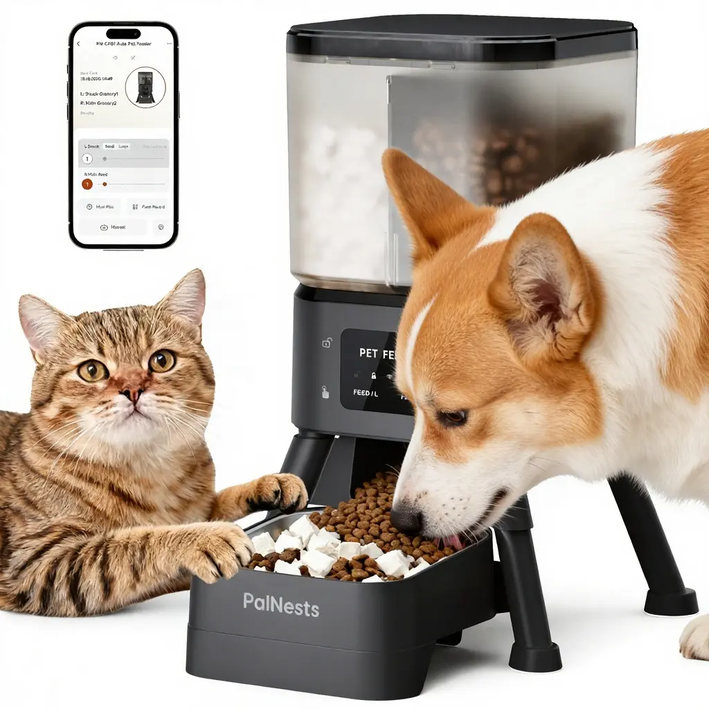 PalNests Dual-Cavity Smart Automatic Pet Feeder, 4L Dry Food Dispenser with Stainless Steel Bowls, Timed Dual-Band 2.4GHz & 5GHz WiFi, Airtight Freshness-Locking, App Control, Personalized Feeding Plans, Powered for Cats & Small/Medium Dogs