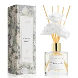 Cocorrína Reed Diffuser Set - 6.7 oz (200ml) Cashmere Vanilla Scent, 3 White Rose Foam Flowers & Cotton Sticks, Home Fragrance Reed Diffuser for Bathroom Shelf Decor
