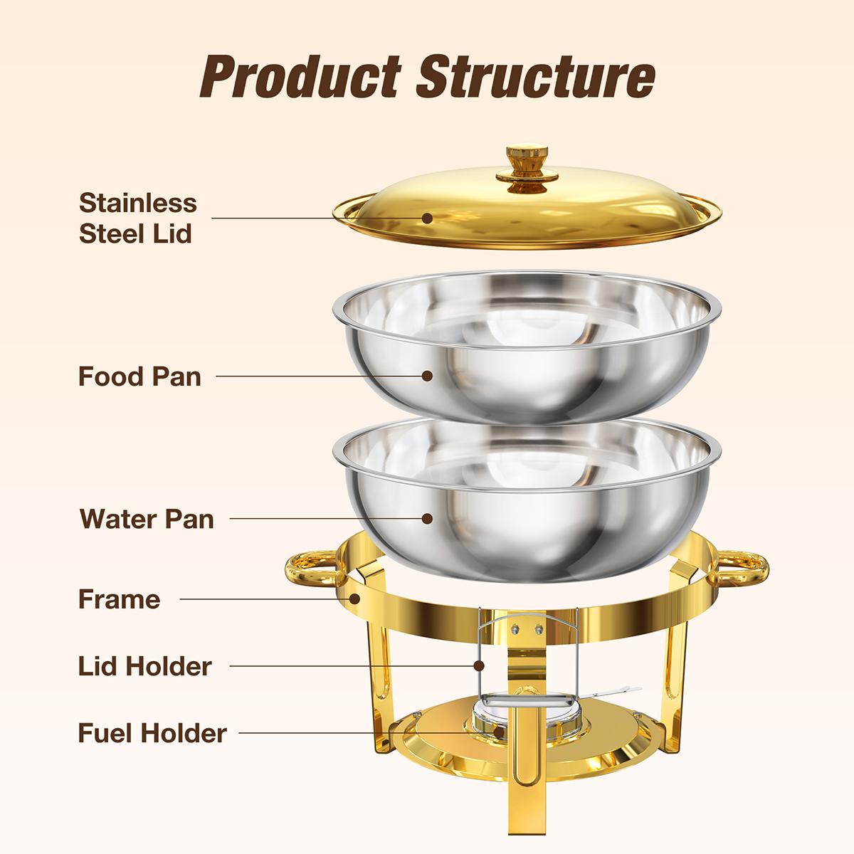 WARMOUNTS 5QT Gold Chafing Dishes for Buffet with Glass Lid, Round Stainless Steel Chafers and Buffet Warmers Sets with Lid Holder, Rolled Rim Design, for Easter Brunch, Parties & Weddings (2/4/6 Pack)