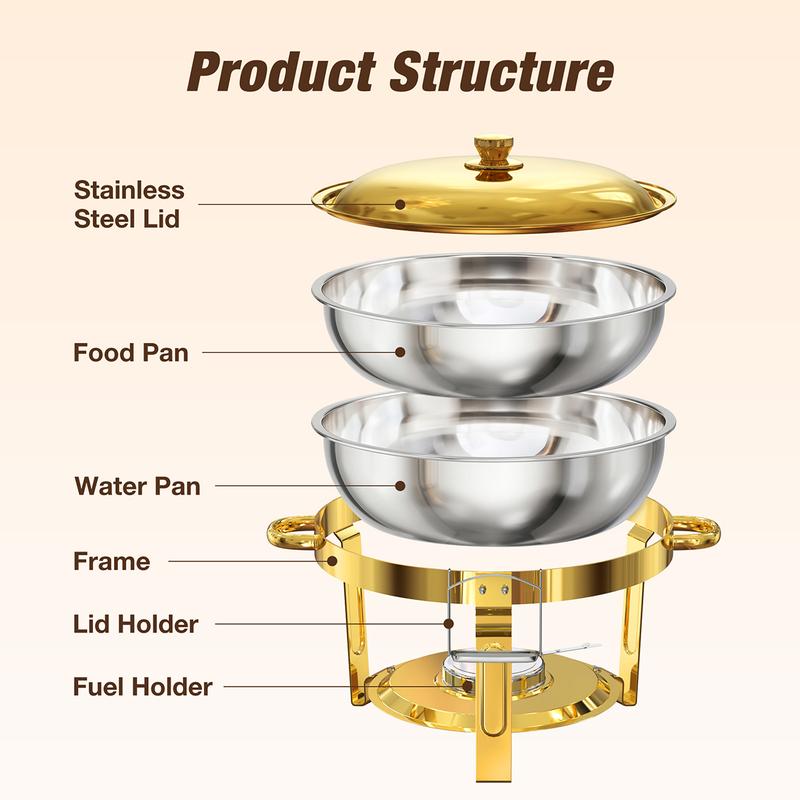 WARMOUNTS 5QT Gold Chafing Dishes for Buffet with Glass Lid, Round Stainless Steel Chafers and Buffet Warmers Sets with Lid Holder, Rolled Rim Design, for Catering Events, Parties, Weddings (2/4/6Pack) WARMOUNTS 5QT Gold Chafing Dishes for Buffet with Glass Lid, Round Stainless Steel Chafers and Buffet Warmers Sets with Lid Holder, Rolled Rim Design, for Catering Events, Parties, Weddings (2/4/6Pack)