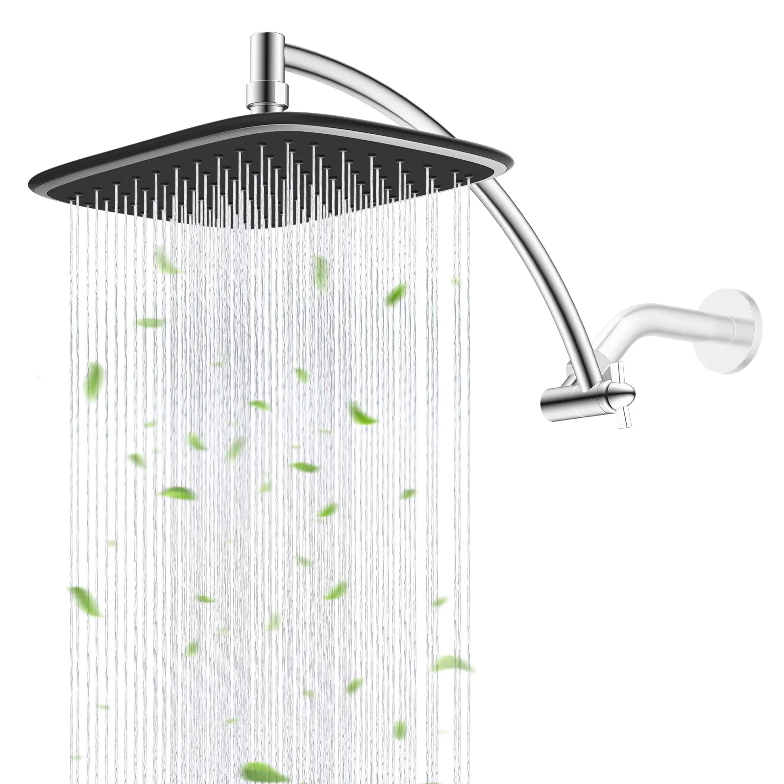 Hibbent Rain Shower Head with 12" Shower Head Extension Arm, 10" High Pressure Boosting Rainfall/Fixed Showerhead 2.5 GPM, Metal Shower Head Extender Adjustable Height Angle, Easy 1-Min Installation, Chrome